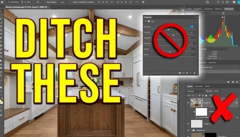Screenshot of Adobe Photoshop showing kitchen interior with large yellow text overlay reading 'DITCH THESE' and editing interface with red prohibition symbols