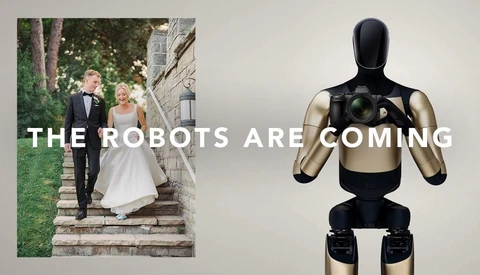 Split-screen composition contrasting a wedding couple on stone steps with a humanoid robot in athletic pose