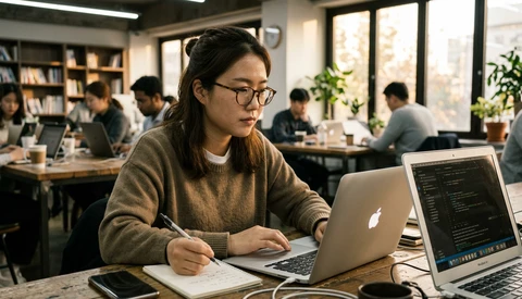 Woman wearing glasses working on MacBook in collaborative office space with code visible on secondary monitor