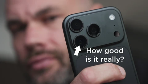 Close-up of smartphone rear camera module with triple lens setup and annotation asking 'How good is it really?'