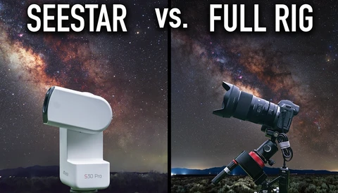 Comparison graphic of SeeStar S50 Pro telescope versus full astrophotography rig with telescope and mount