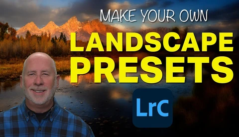 Tutorial thumbnail featuring instructor in plaid shirt with landscape photography preset creation interface