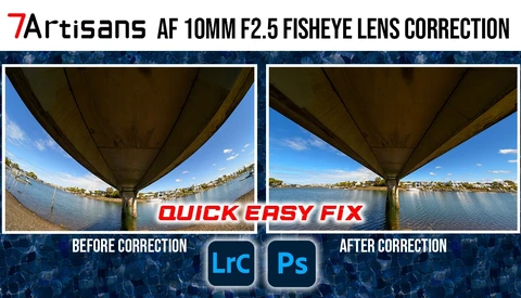Before and after comparison showing fisheye lens distortion correction using Lightroom and Photoshop