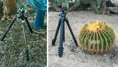 Two camera tripods with ball heads shown side by side outdoors, one on leaf-strewn mulch and one on sand beside a barrel cactus