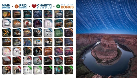 Screenshot displaying a grid of preset bundle packages alongside a landscape photograph of Horseshoe Bend