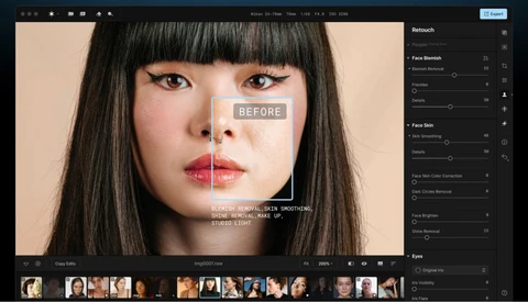 Screenshot of photo retouching software showing before and after skin smoothing on a portrait
