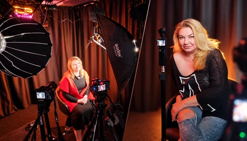 Split image: a blonde woman in a red shawl sits before cameras and a softbox in a studio, beside a second portrait of a woman on a gimbal camera.