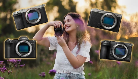 Woman holding mirrorless camera with four camera body options displayed around her