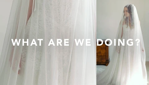 Person draped in sheer white fabric with overlay text reading 'WHAT ARE WE DOING?'