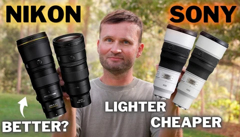Man in a grey t-shirt holding Nikon and Sony telephoto lenses in a comparison thumbnail with 'Nikon', 'Sony', and 'Better?' text overlays.