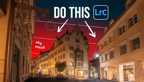 Lightroom tutorial thumbnail: night street scene with the sky highlighted in red as a mask, with 'DO THIS' text.