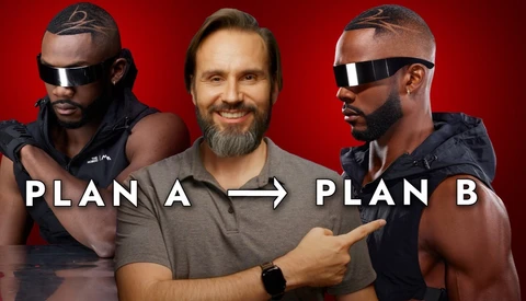 Three-panel thumbnail on red background: a bearded man in a gray polo points right, flanked by two figures in black visors and vests, with 'PLAN A → PLAN B' overlaid.