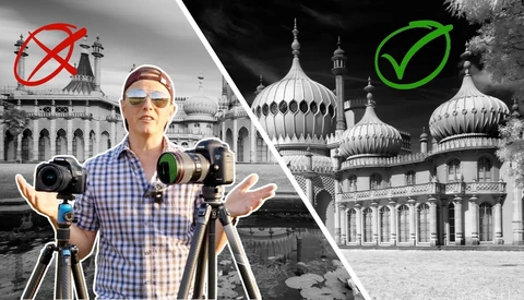 Man gesturing beside two tripod-mounted cameras, comparing a rejected monochrome palace shot with an approved one