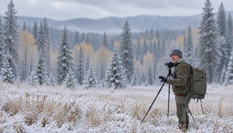 Photographer with a tripod and camera in a snowy meadow, backed by frosted evergreens and golden aspens