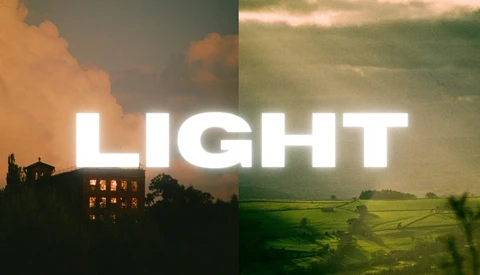 Split-frame image: glowing mill windows at dusk on left, green farmland in hazy light on right, white text reading LIGHT.