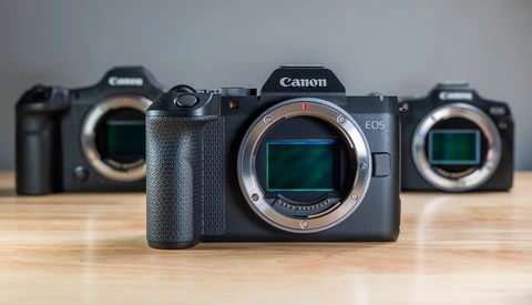 Three Canon EOS mirrorless camera bodies without lenses on a wooden table, with sensors visible through the open lens mounts