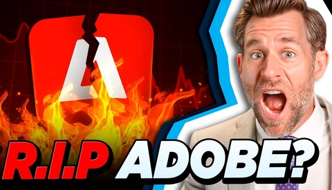 Video thumbnail of a shocked man in a tan blazer beside a cracked, flaming red Adobe logo and the headline 'R.I.P ADOBE?'