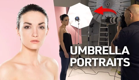 Portrait studio setup with umbrella softbox lighting and female model