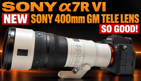 Sony a7R VI camera with Sony 400mm GM telephoto lens against warm-lit background