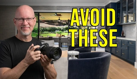 Photographer holding camera in modern kitchen, yellow text overlay reads 'AVOID THESE'