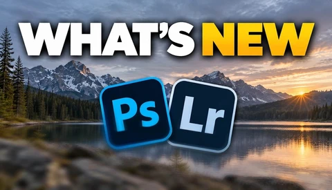 Graphic displaying Photoshop and Lightroom logos with 'WHAT'S NEW' text over landscape background