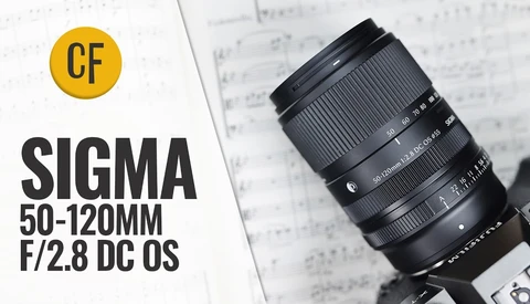 Sigma 50-120mm F/2.8 DC OS lens with yellow CF badge and specifications label