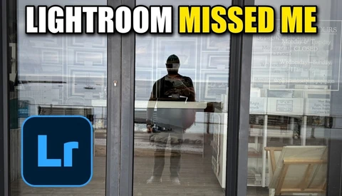 Screenshot of Adobe Lightroom logo overlaid on photo of photographer at desk