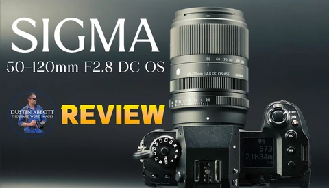 Sigma 50-120mm F2.8 DC OS lens mounted on DSLR camera body with review title graphic
