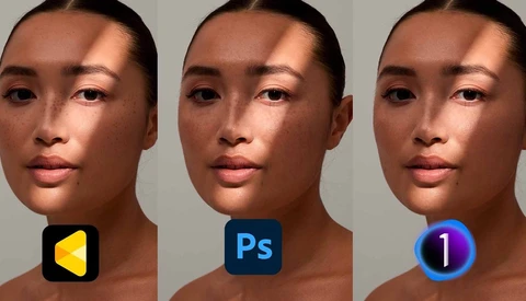 Comparison of portrait retouching results across three software applications