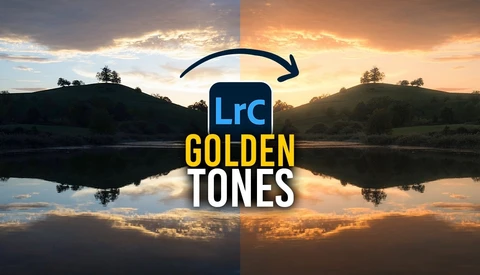 Side-by-side landscape comparison showing LRC Golden Tones editing technique applied to sunset reflection scene