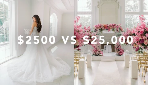 Split-screen comparison of wedding photography styled shoots at different budget levels