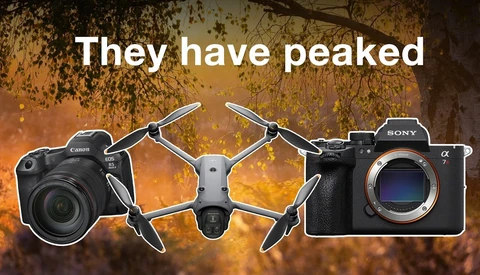 Graphic showing Canon DSLR, DJI drone, and Sony mirrorless camera with text 'They have peaked'