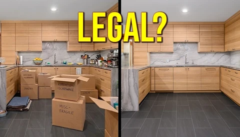 Split-screen comparison of a kitchen with moving boxes on the left and the same empty kitchen on the right, with large yellow text asking 'LEGAL?'