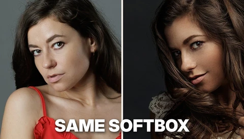 Side-by-side portrait comparison demonstrating identical softbox lighting on two female subjects
