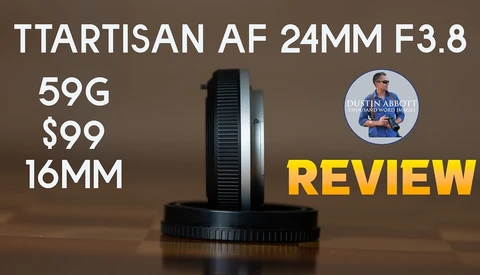 Ttartisan AF 24mm f/3.8 lens with text overlay showing specs and price