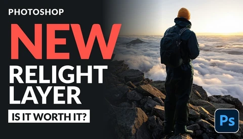 Screenshot showing Photoshop's new Relight Layer feature with hiker overlooking clouds at sunrise