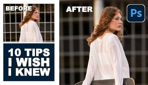 Before and after comparison of portrait editing in Photoshop showing background blur and skin enhancement