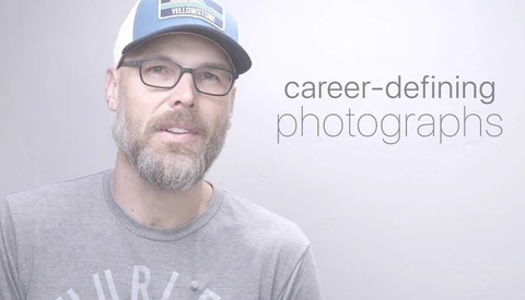 Bearded man in glasses and a Yellowstone cap speaking to camera, with 'career-defining photographs' text overlay on a light background.