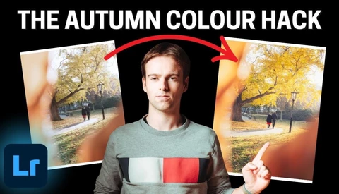 Thumbnail comparing a before and after autumn park photo edit, with a man pointing at the vivid yellow-toned result on the right.