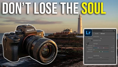Sony mirrorless camera with 35-70mm zoom lens beside a Lightroom Lens Corrections panel over a dusky lighthouse scene