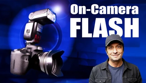 Graphic showing on-camera flash mounted on DSLR camera body with man in cap on right side