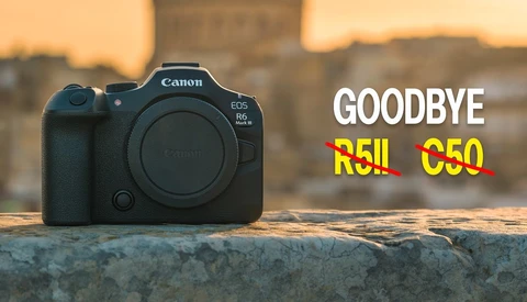Canon EOS R6 Mark III camera body on a stone ledge at golden hour, with 'GOODBYE' and crossed-out R5 II and C50 text overlaid.