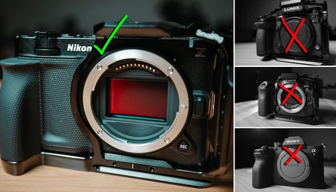 Nikon Z mirrorless camera with open lens mount marked with a green check, beside three crossed-out rival camera bodies
