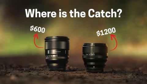 Two prime lenses on dirt ground, labeled $600 and $1200 under the headline "Where is the Catch?" for a lens comparison