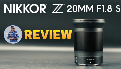Video thumbnail for a review of the Nikkor Z 20mm f/1.8 S lens, showing the black lens barrel against a dark background.