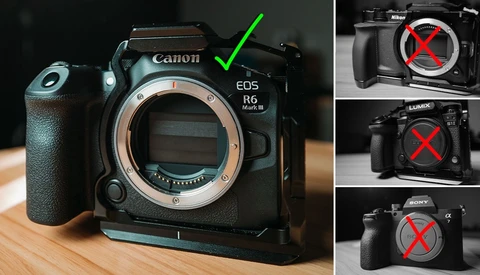Canon EOS R6 Mark III mirrorless camera body with green check mark, beside three competitor cameras marked with red X's