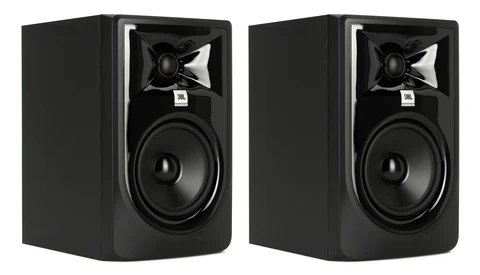 Pair of black JBL studio monitor speakers with glossy front panels, tweeters, and woofers on a white background