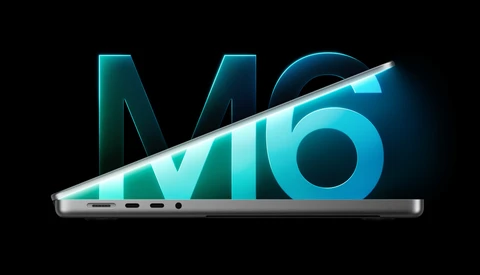 Illustration of a silver laptop slicing diagonally through glowing teal and blue 'M6' lettering on a black background.