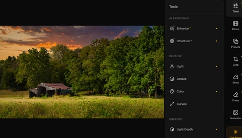 Screenshot of a photo editing software interface showing tools panel with adjustment options