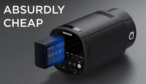 Neewer compact camera with blue battery visible and control panel displayed